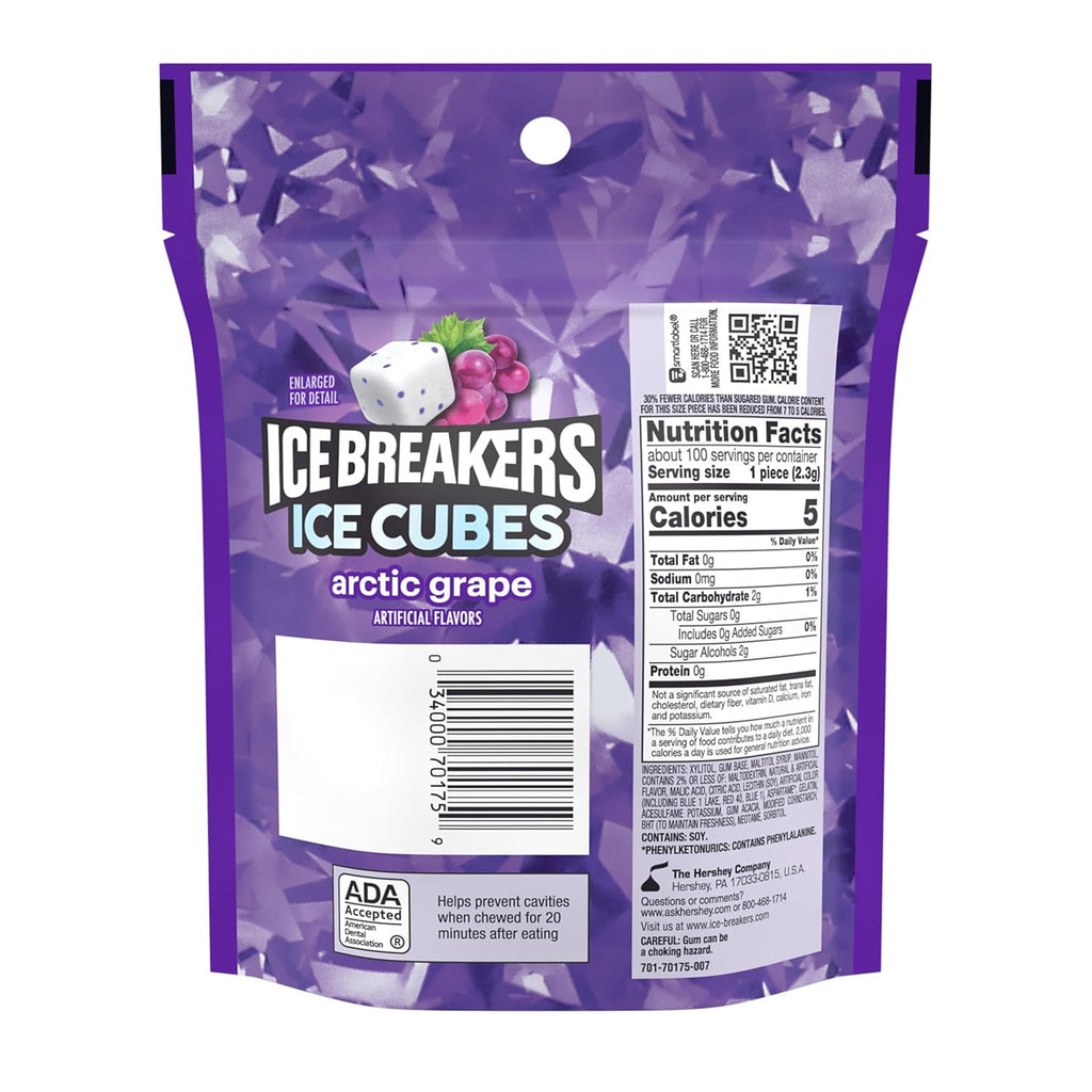 Arctic Grape Sugar-Free Gum Pouch, 8.11 Oz, 100 Ct | Arctic Grape Sugar-Free Gum Cubes with Cooling Crystals, Resealable Pouch for Car, Office and Fresh Breath, 100 Ct