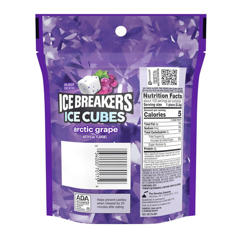 Arctic Grape Sugar-Free Gum Pouch, 8.11 Oz, 100 Ct | Arctic Grape Sugar-Free Gum Cubes with Cooling Crystals, Resealable Pouch for Car, Office and Fresh Breath, 100 Ct
