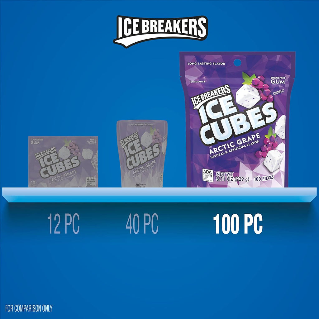 Arctic Grape Sugar-Free Gum Pouch, 8.11 Oz, 100 Ct | Arctic Grape Sugar-Free Gum Cubes with Cooling Crystals, Resealable Pouch for Car, Office and Fresh Breath, 100 Ct