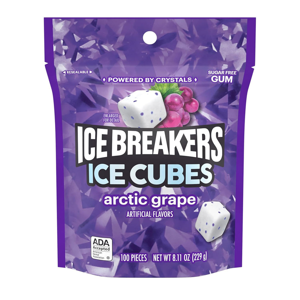 Arctic Grape Sugar-Free Gum Pouch, 8.11 Oz, 100 Ct | Arctic Grape Sugar-Free Gum Cubes with Cooling Crystals, Resealable Pouch for Car, Office and Fresh Breath, 100 Ct