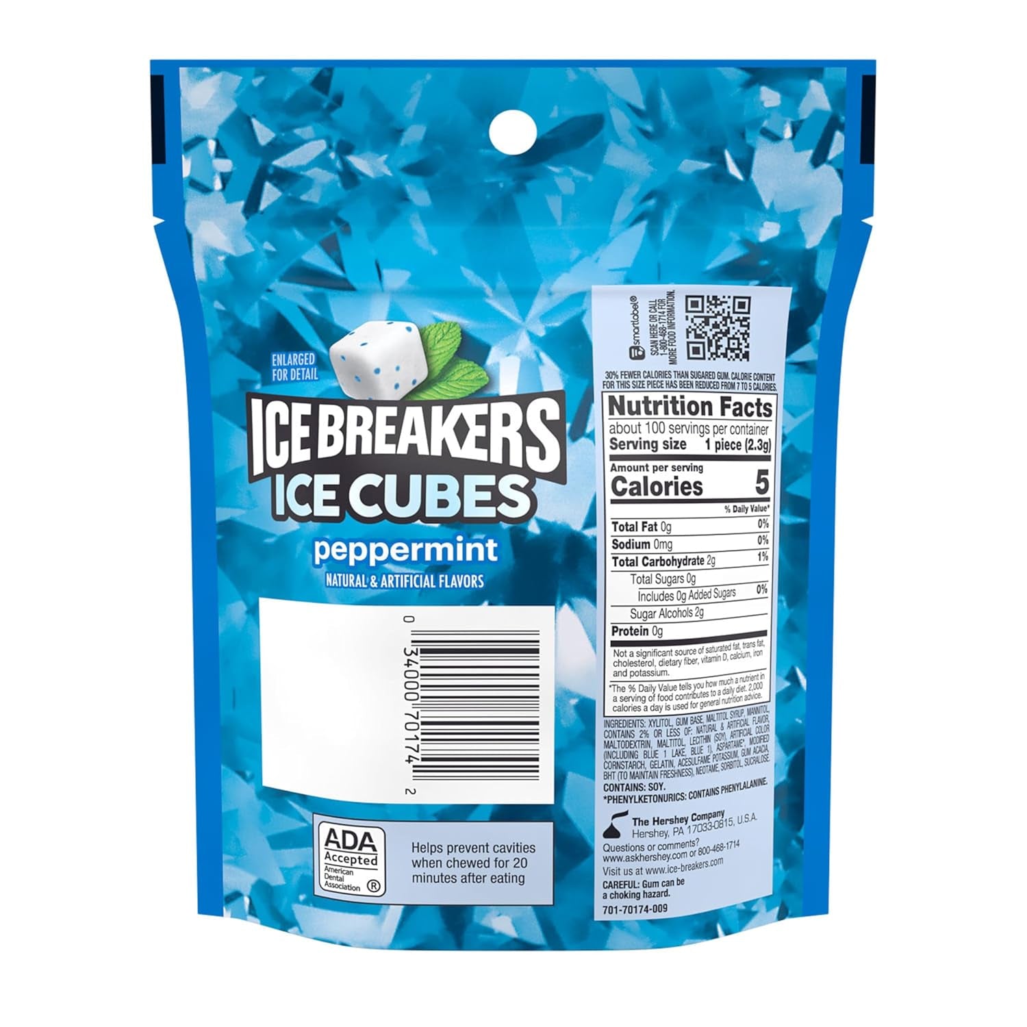 Ice Cubes Peppermint Sugar Free Chewing Gum Pouch, 8.11 Oz (100 Pieces)
